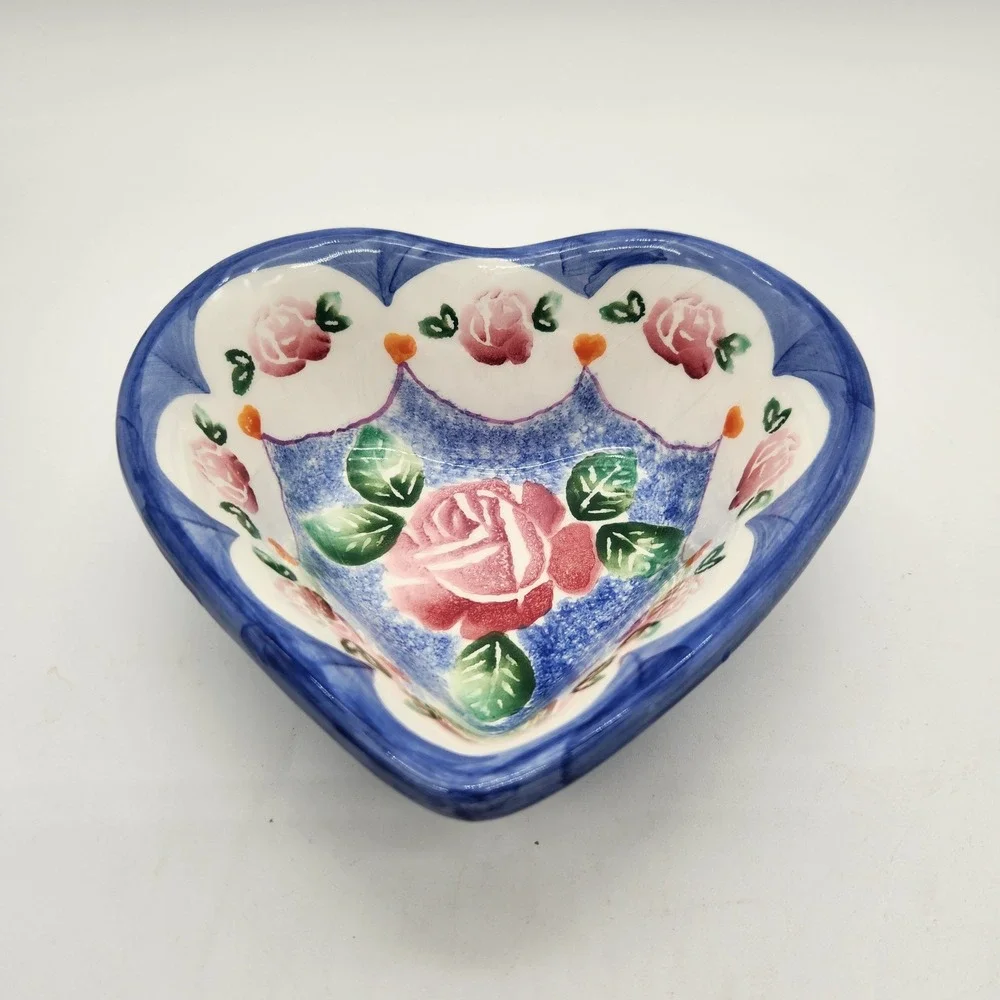 Ancora Italy Hand Painted Heart Shaped‎ Ceramic Bowl Pink Roses Blue White 11366